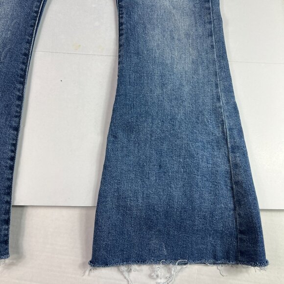 Risen Jeans Women 30x28* High Rise Flare Blue Faded Stretch Raw Hem Denim Tag 29 - Picture 5 of 16